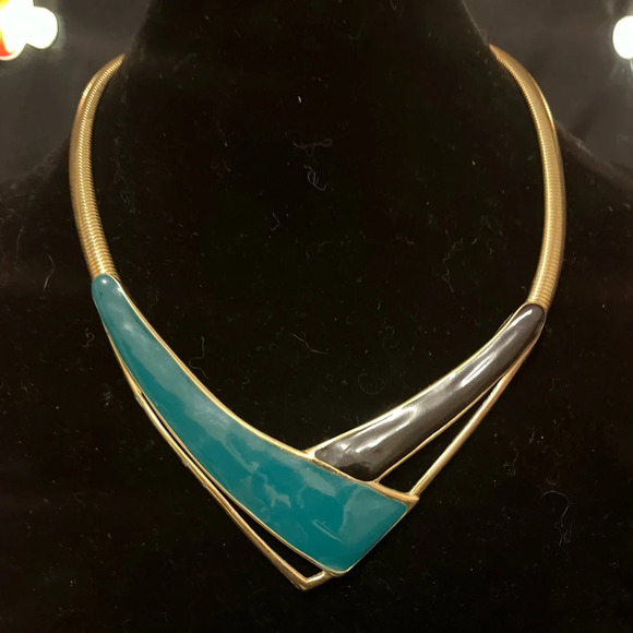 Gold & Blue Enamel Omega  Collar Necklace - Picture 2 of 6